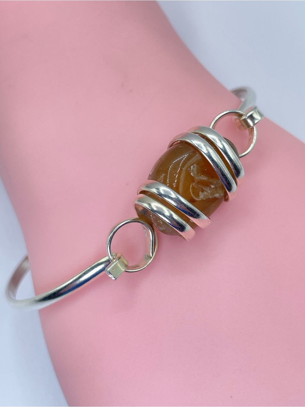 Vintage Taxco Mexico Brown Agate Silver Tone Statement Bangle Bracelet Boho